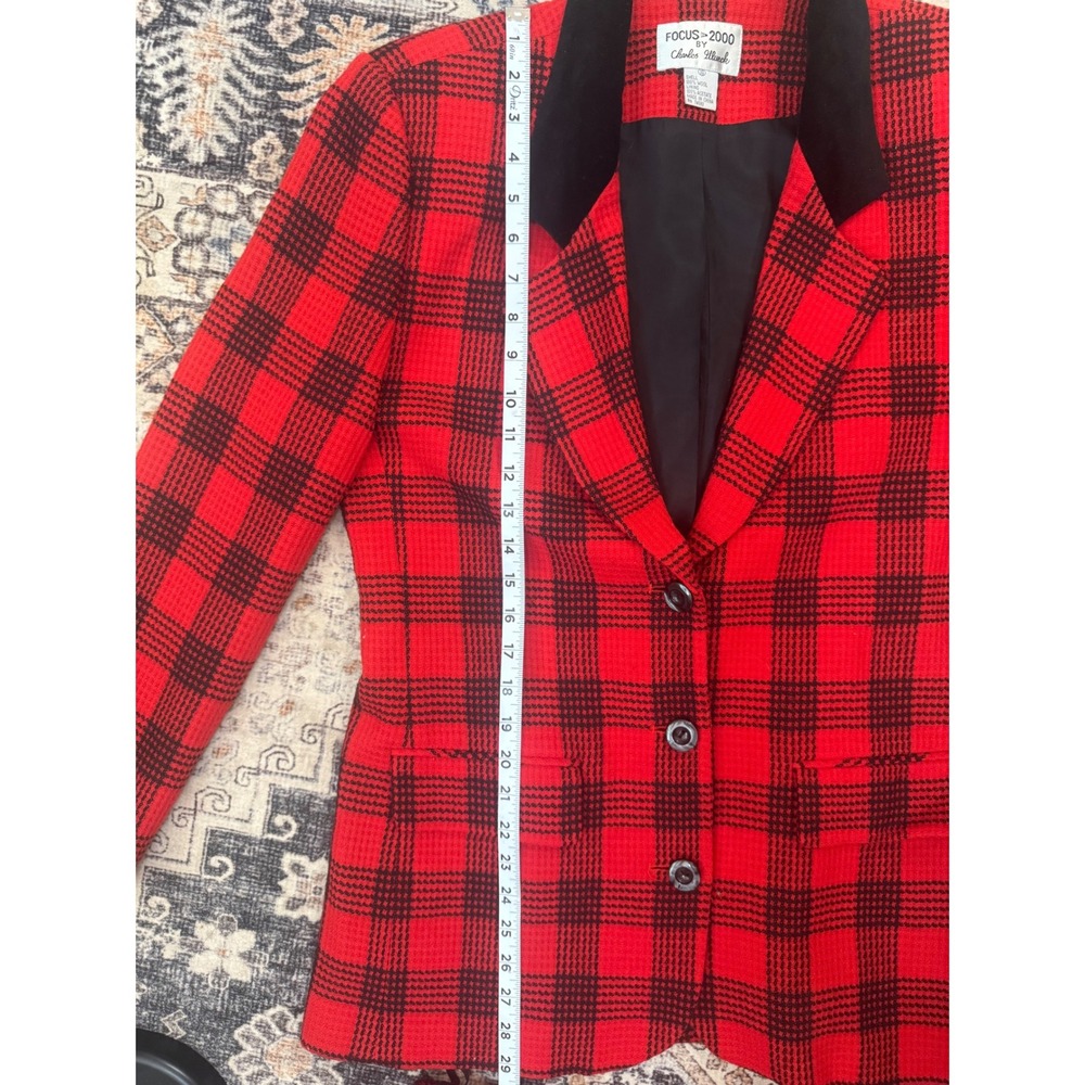 Vintage Focus-2000 Red Black Plaid Wool Skirt Suit Blazer Set Size‎ 10 Retro - Picture 5 of 9